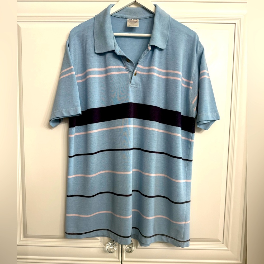 Molani G Men's Sz XL Light Blue Polo Shirt with Navy and Pink Horizontal Stripes